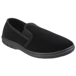 Fleet & Foster John Twin Gusset Memory Foam Slippers Black (Sizes 6-12)