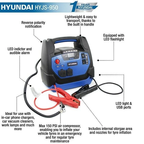 Hyundai HYJS-950 Battery Jump Starter With Air Compressor - Image 5