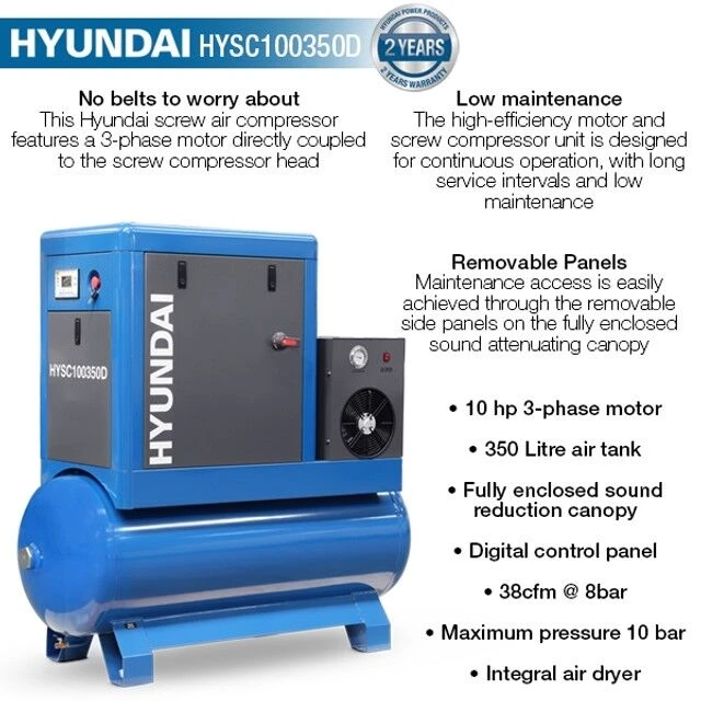 Hyundai HYSC100350D Screw Air Compressor 38cfm 350-Litre 415v - Image 4